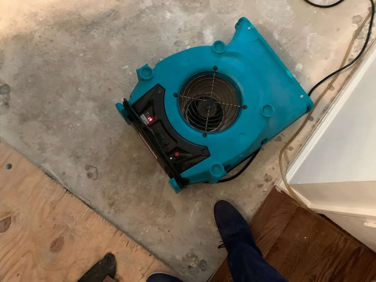 Air mover drying subfloor during Commercial Water Damage Restoration in Portsmouth